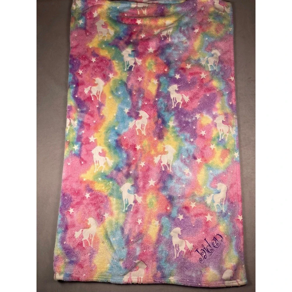 Unicorn Glow in the Dark Rainbow Tie Dye Plush Throw Blanket Jaiden Personalized